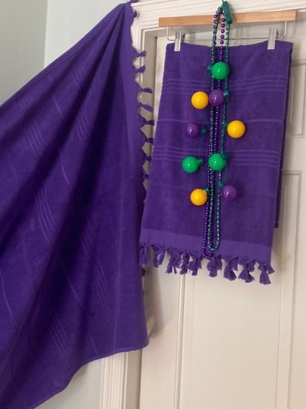 Purple Terry Cotton Towel with Tassels Hand Crafted 38 x 70 Mardi Gras Purple